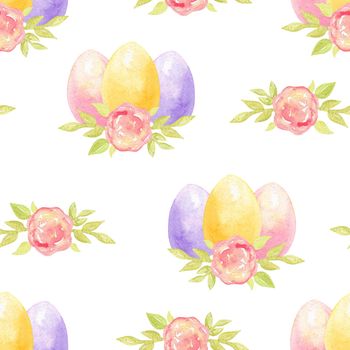 Watercolor hand drawn colorful easter eggs with flowers seamless pattern on white background. Can be used as invitation template scrapbooking, wallpaper,layout,fabric,textile,wrapping paper