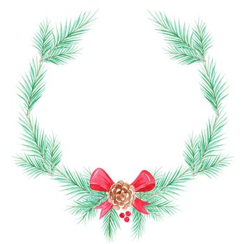 watercolor fir wreath with red ribbon and cone on white background for christmas cards, holiday decorations