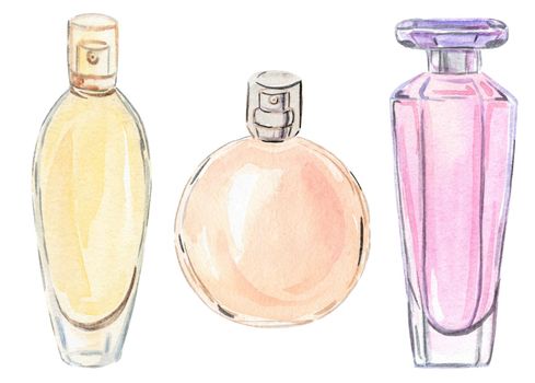 watercolor pink and yellow perfume glass bottles set hand drawn isolated on white background