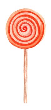 watercolor red lollipop isolated on white background. Sweet striped candy on stick. Halloween treats