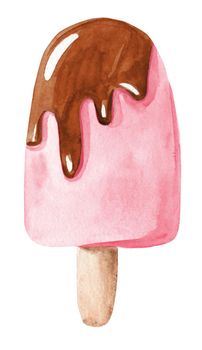 watercolor pink ice cream with chocolate topping on stick on white background. Dessert illustration.