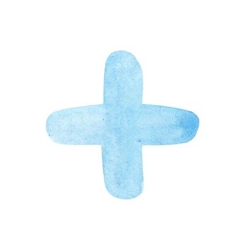 watercolor blue plus symbol isolated on white background. Addition sign in mathematics.