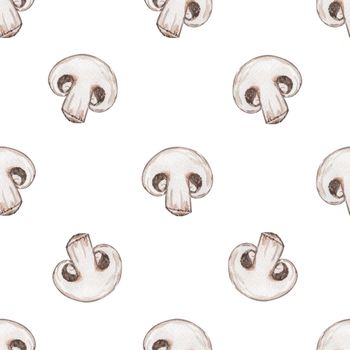 Watercolor champignon slice seamless pattern on white background. Grey mushrooms print for fabric, kitchen textile, menu decor, wallpapers