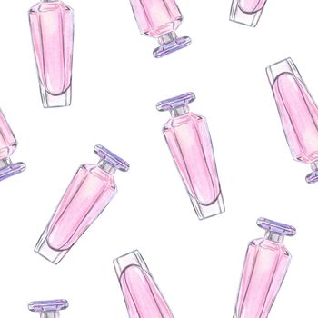 watercolor hand drawn pink perfume bottles pattern on white background for fabric, textile, scrapbooking, wrapping paper,invitations