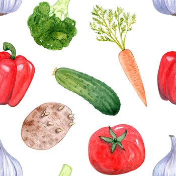 Watercolor vegetables seamless pattern on white background. For fabric, kitchen textile, wrapping, wallpaper.