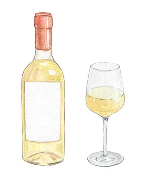 Watercolor white wine bottle and glass set isolated on white background. Yellow alcohol drinks illustrations