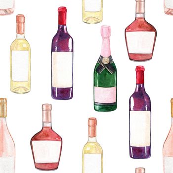 Watercolor alcohol drinks bottles seamless pattern on white background. For fabric, wrapping, wallpaper