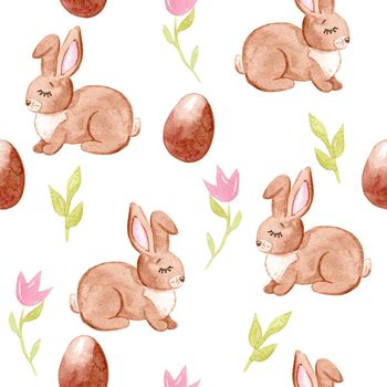 Watercolor hand drawn easter brown bunny and chocolate eggs and flowers seamless pattern on white background. Can be used as invitation template , scrapbooking, wallpaper, fabric, textile, wrapping paper