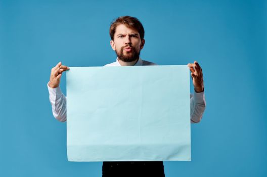 businessmen with blue mockup poster sign copy-space isolated background. High quality photo