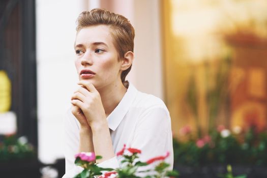 short haired woman reading walk in the fresh air education. High quality photo