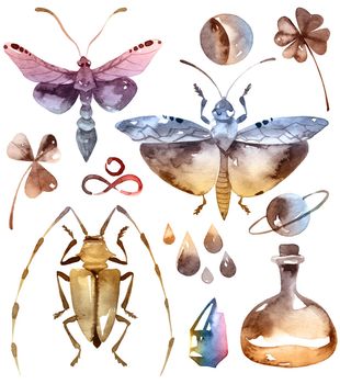 Watercolor illustration in vintage style of alchemy objects and signs on white background