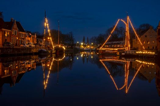 Historical city Dokkum in christmas time in the Netherlands at night