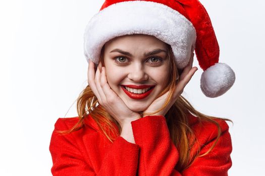 cheerful woman dressed as santa fun holiday fashion christmas. High quality photo