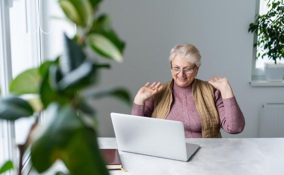 Serious mature older adult woman watching training webinar on laptop working from home or in office. 60s middle aged businesswoman taking notes while using computer technology.