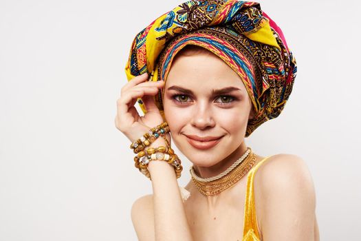 pretty woman multicolored turban decoration fashion ethnicity. High quality photo