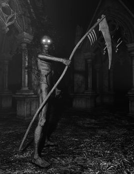 Demon of death in front of a gate - Spooky night background - 3d rendering