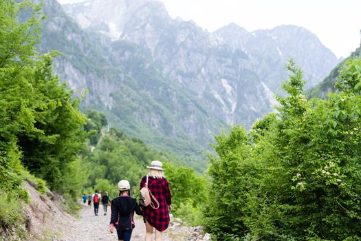 Mountain landscape with houses and farms in Theth in the Albanian alps.