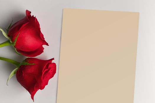 A Blank piece of beige textured note paper beside 2 red roses on a white countertop. High quality photo