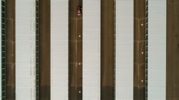 aerial image of rows of self storage units