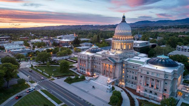 Aerial shot of the boise capital building at night