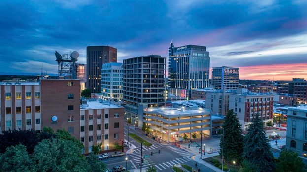 BOISE, IDAHO - MAY 27 2021:Downtown boise during at dusk time.