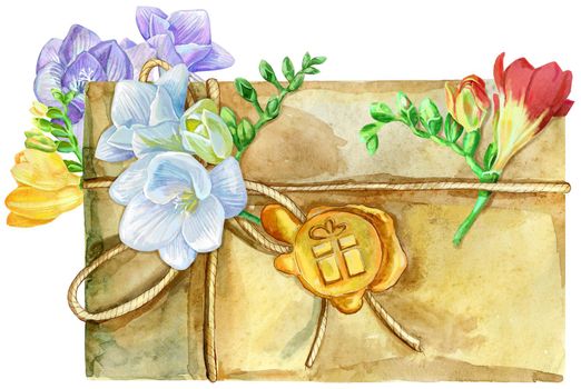 Watercolor hand-drawn illustration of an envelop of kraft paper freesia on a white background isolated