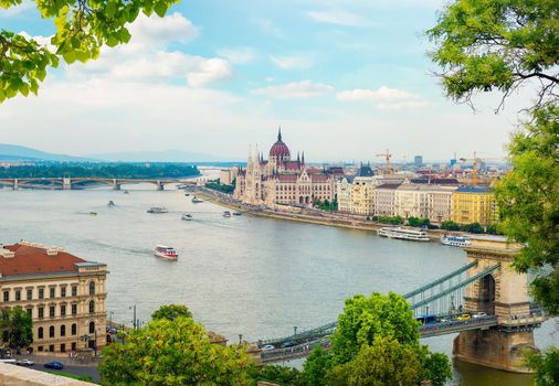 Panoramic view from above on landmarks of Budapest at summer sunset, Hungary