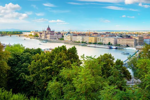 Panoramic view from above on landmarks of Budapest at summer sunset, Hungary