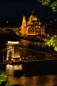 View of the illuminated Chain Bridge in Budapest at night