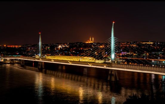 Halic Metro Bridge in Istanbul at night, Turkey