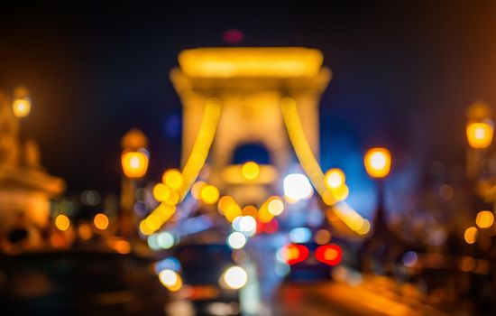 Blurred view of Illuminated Chain Bridge in Budapest at night