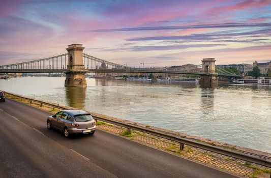 View on ancient Chain bridge in Budapest at summer