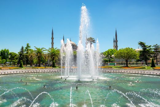 Blue Mosque or Sultanahmet Camii and fountain at sunny summer day in Istanbul, Turkey