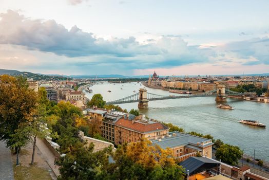 Panoramic view from above on landmarks of Budapest at summer sunset, Hungary