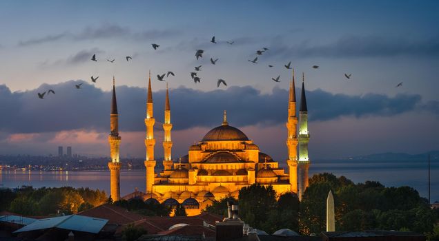 Illuminated turkish Blue Mosque in the period of Ramadan, Istanbul