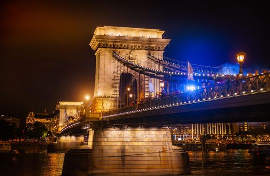 View of the illuminated Chain Bridge in Budapest at night