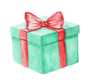 watercolor green gift box with red ribbon on white background for new year decorations, christmas cards, birthday