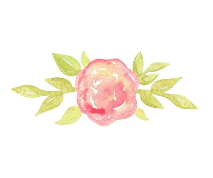 watercolor hand drawn abstract pink flower with leaves isolated on white background. Floral banner