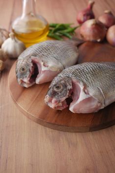 raw fresh sea fish on plate on table