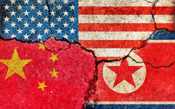 Grunge flags illustration of three countries with conflict and political problems (cracked concrete background) | China, USA and North korea