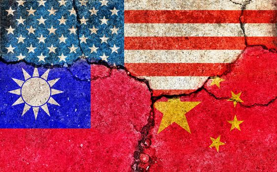 Grunge flags illustration of three countries with conflict and political problems (cracked concrete background) | USA, China and Taiwan