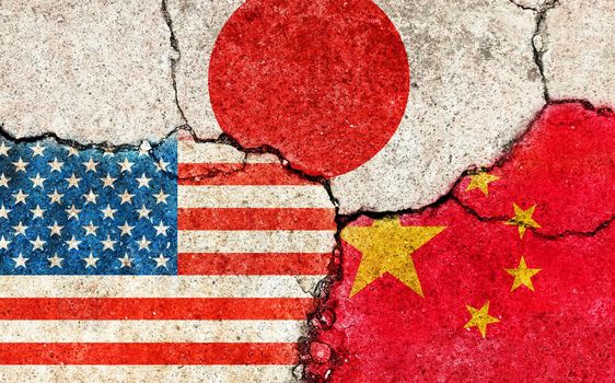 Grunge flags illustration of three countries with conflict and political problems (cracked concrete background) / China, USA and Japan