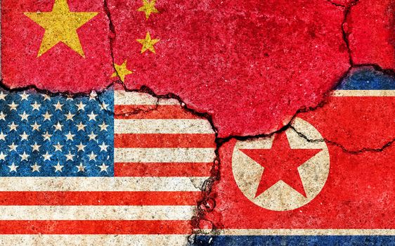 Grunge flags illustration of three countries with conflict and political problems (cracked concrete background) | China, USA and North korea