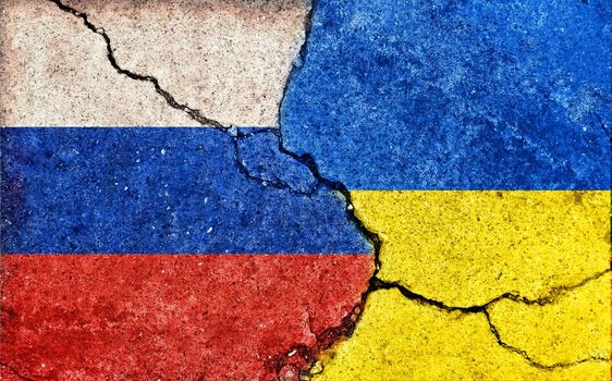 Russia vs Ukraine (War crisis , Political conflict). Grunge country flag illustration (cracked concrete background)