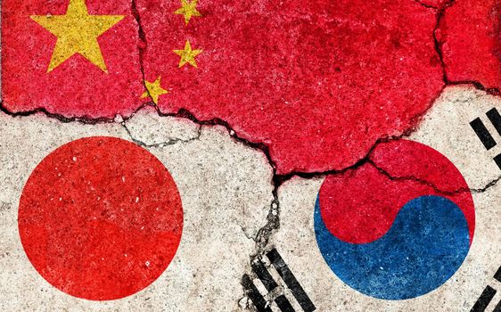 Grunge flags illustration of three countries with conflict and political problems (cracked concrete background) | China, Japan and South korea