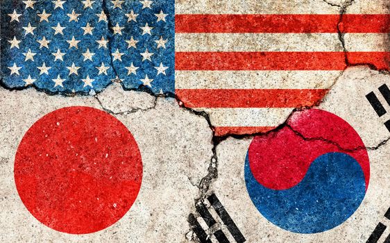 Grunge flags illustration of three countries with conflict and political problems (cracked concrete background) | USA, Japan and South korea