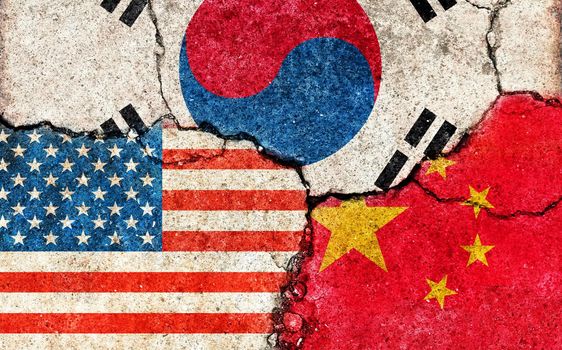 Grunge flags illustration of three countries with conflict and political problems (cracked concrete background) | China, USA and South korea