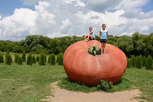 Two twins caucasian girls 9 years sitting on giant tomato