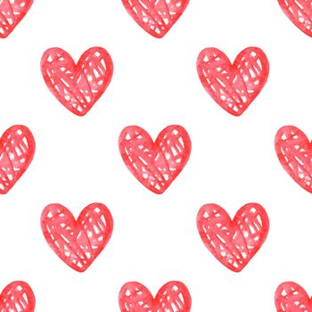 Red hearts seamless pattern on white background. Watercolor hand drawn valentine day print