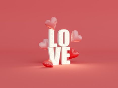 luminous sign with the word LOVE and heart balloons around. valentine's day, mother's day, love and couples concept. 3d rendering